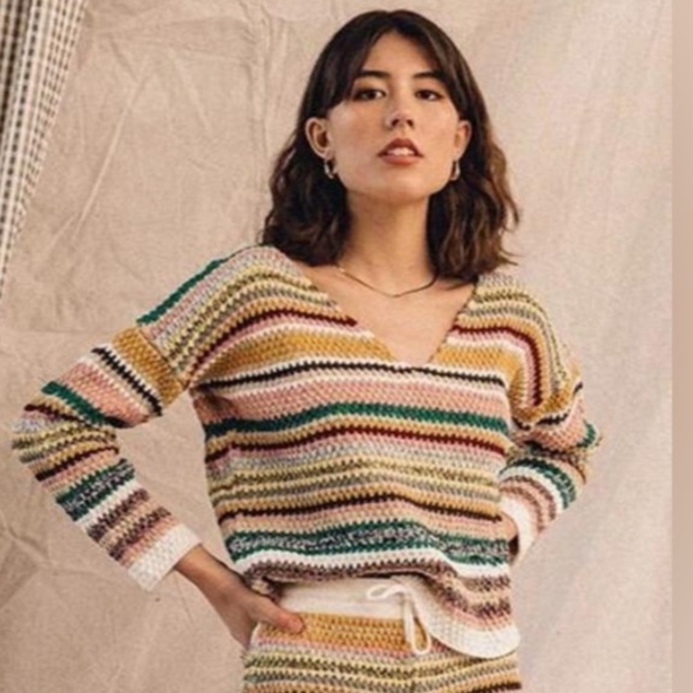 Rue Stiic Franco Slouch Knit Cropped Rainbow Stripe Sweater Size Small